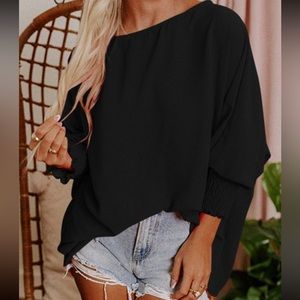 Black, 3/4 length sleeve blouse w/ smocked wrists and scoop neck. XXL New in bag